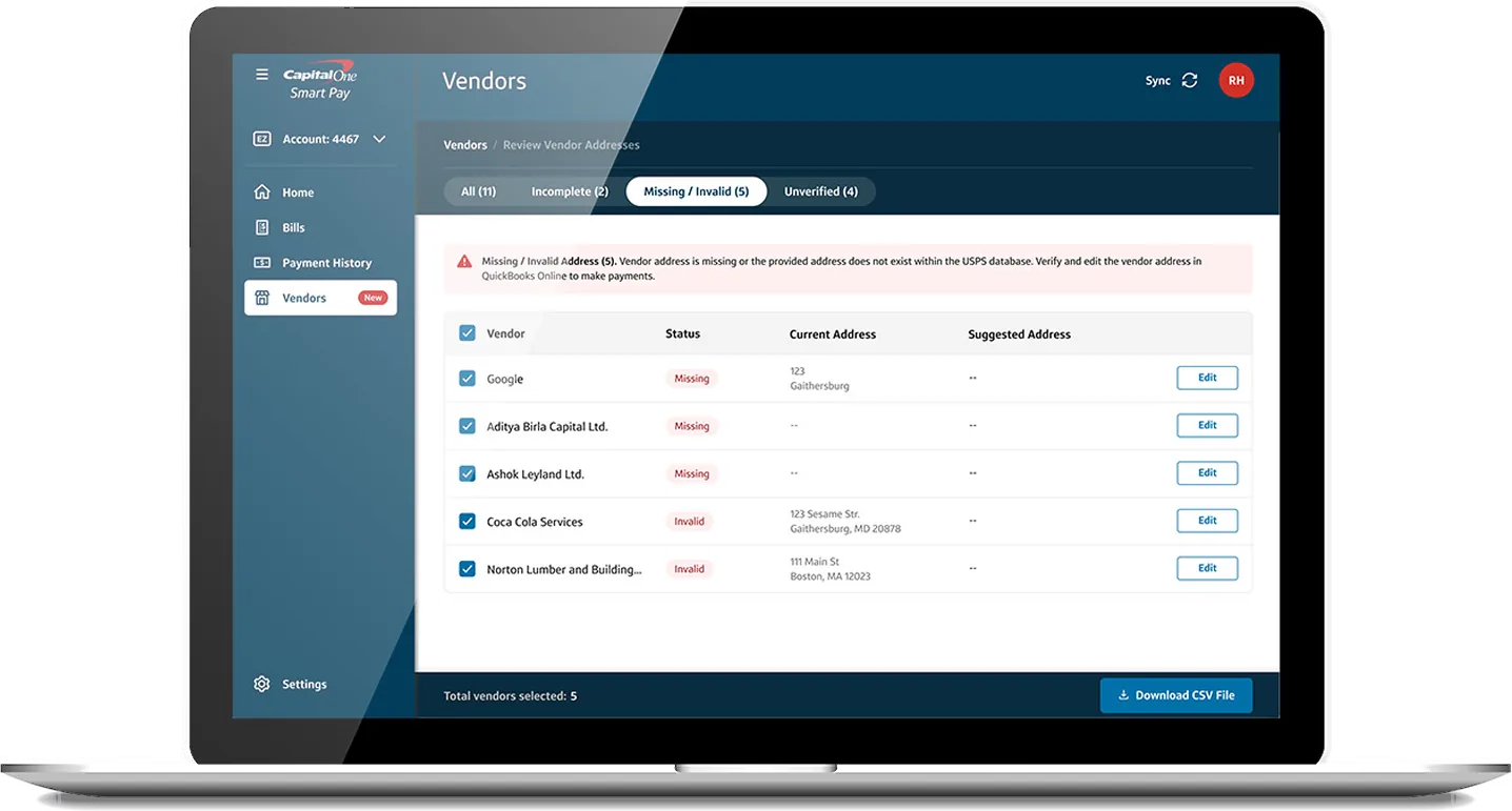 Capital One vendor address review on a laptop