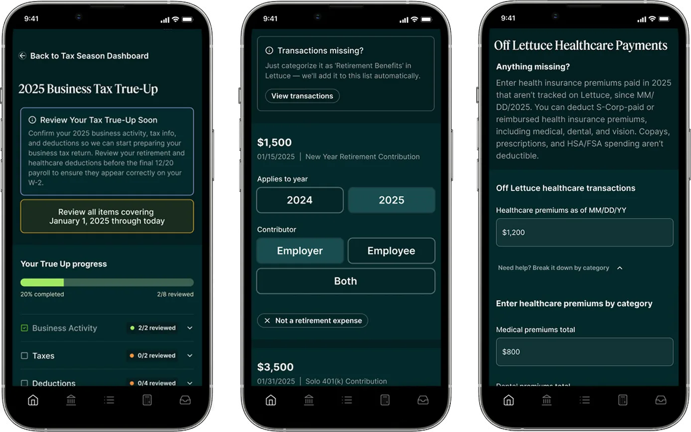 Lettuce Financial tax true-up screens on three phones